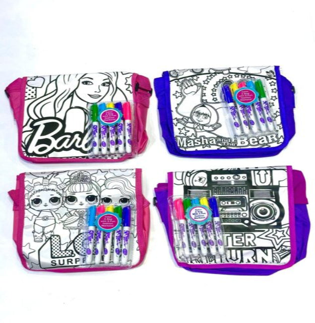 Color Your Own Small Shoulder Bag Set, Kids DIY Art Craft Kit with Markers, 4 Designs - Barbie, LOL, Masha and Bear, Music Theme