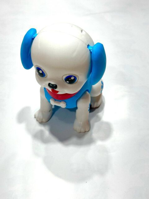 Interactive Puppy Dog Toy, White and Blue, with Red Collar and Bone Design