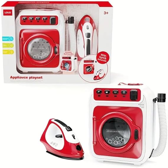 Kids Toy Appliance Playset with Washing Machine and Iron, Light and Sound Effects, Red and White, Ages 3+