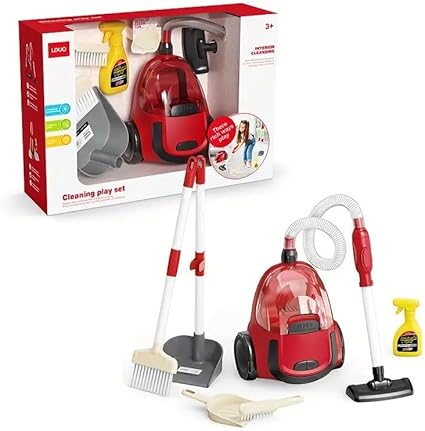 Kids Cleaning Play Set with Vacuum Cleaner, Broom, Dustpan and Spray Bottle, Red, Ages 3+