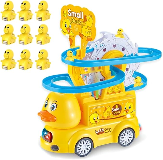 Duck Sliding Track Car Toy Set with 9 Mini Ducks, Musical Light-Up Vehicle, Educational Rolling Toy for Children