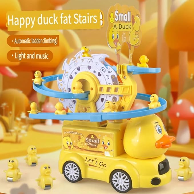 Duck Sliding Track Car Toy Set with 9 Mini Ducks, Musical Light-Up Vehicle, Educational Rolling Toy for Children