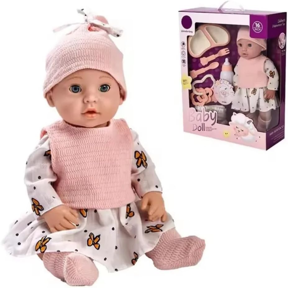 16-Piece Baby Doll Set with Pink Knit Outfit, Butterfly Print Dress and Accessories