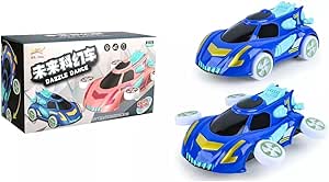 360° Rotating Toy Car with Automatic Wheel Deployment, LED Lights and Sound Effects, Blue