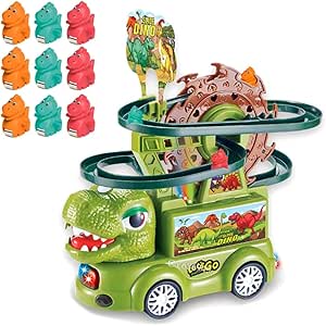 Dinosaur Race Track Car Toy Set with Spiral Slide and 9 Mini Dinosaur Figures, Orange, Green, Pink
