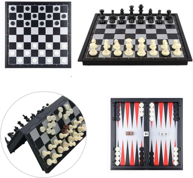 Checkers Chess Backgammon Set 3-in-1 Game Set for Kids and Adults,Magnetic Travel Chess Set with Folding Board Travel Educational Board Games,10" x 10"