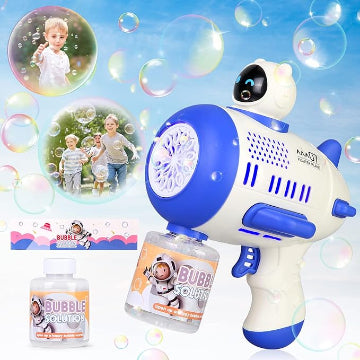 kramow Bubble Gun For Kids, Bubble Machine with 80 ml Bubble Solution, Lights, Toy for Outdoor Gift for Kid Boys Girls Birthday Party, Blue