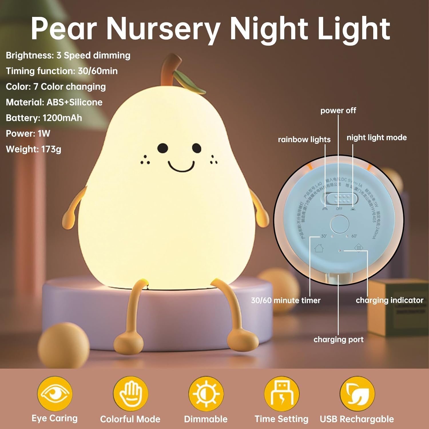 OVIARA Pear Silicone Lamp for Girls Boys Baby Room Decor, Cute Nursery Décor Gifts Silicone Night Light for Bedroom 7 Color Change LED Lamp