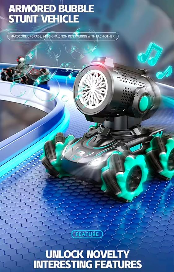 RC Stunt Bubble Car, Remote Control Vehicle with Rotating Wheels, LED Light, Black and Red