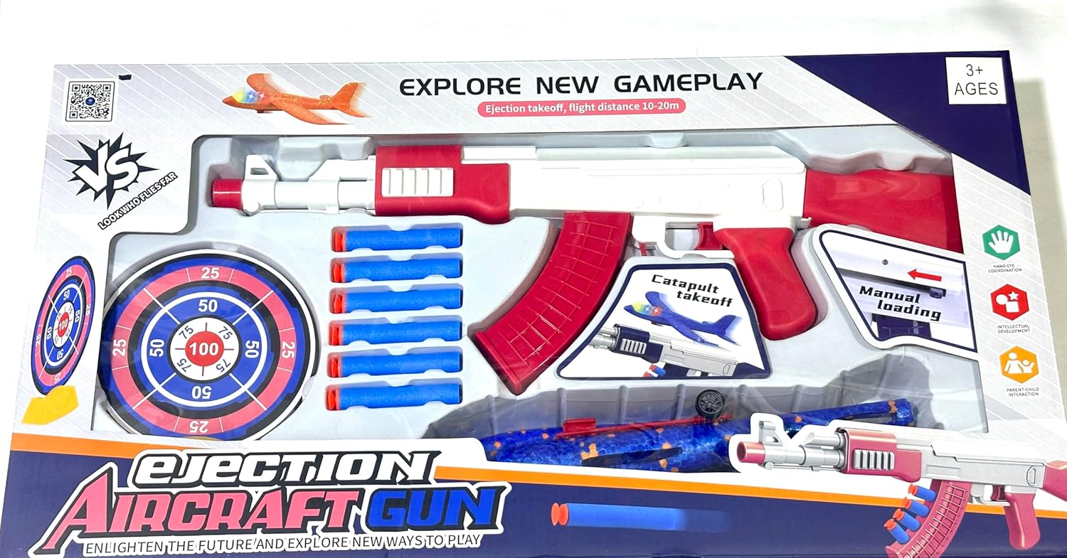 Ejection Aircraft Gun Toy Set with Target, 6 Foam Darts