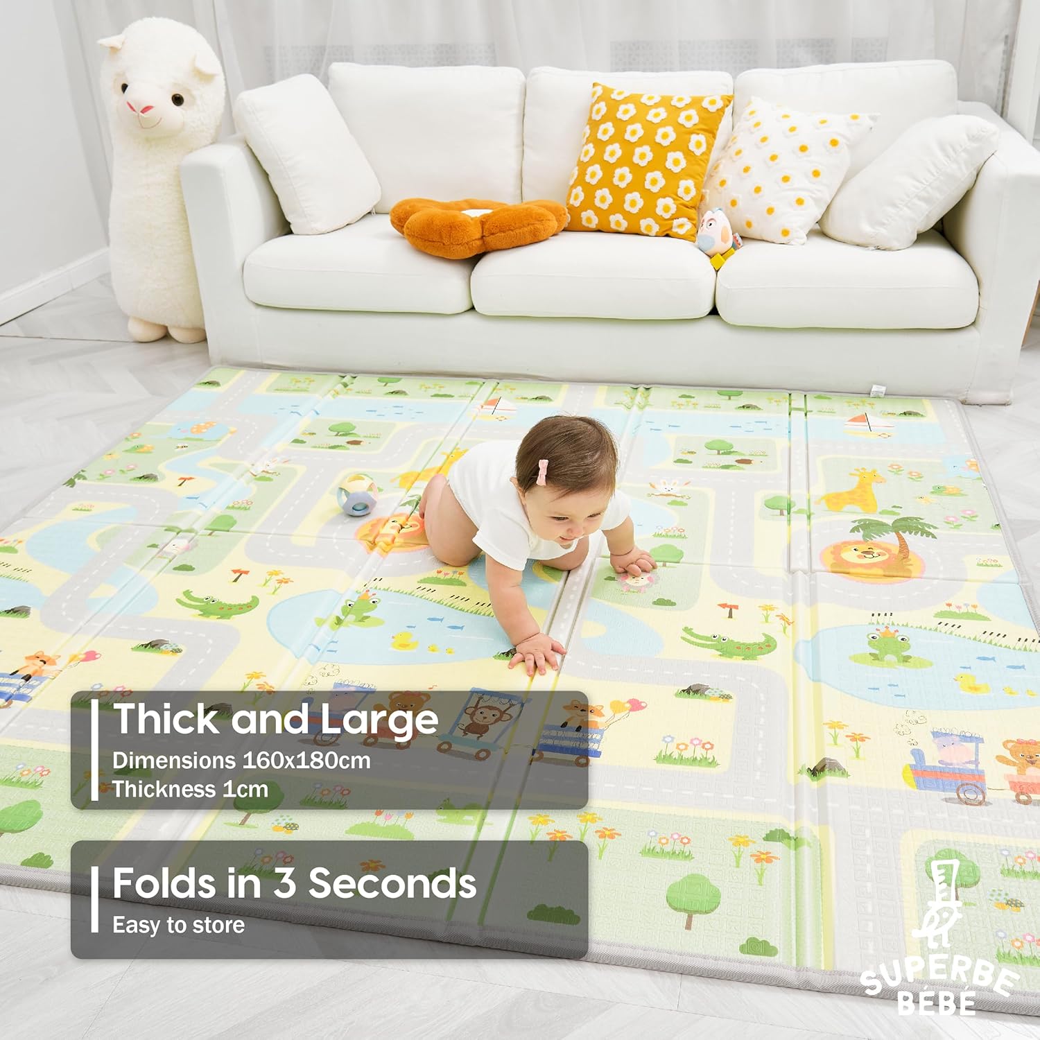 Foldable Reversible Play Mat for Baby 160 x 180 x 1 cm - Thick Foam