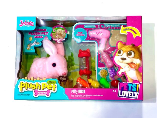 Joliede Plush Pet Playset, Pink Bunny with Pet Grooming Accessories, Electronic Pet House with Hair Dryer and Drinker, Ages 3+