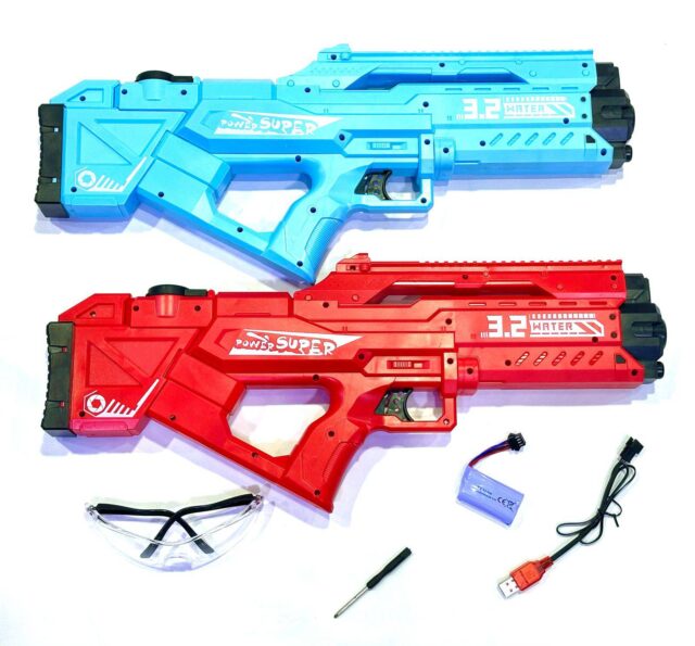 Power Super Water Gun Set, 3.2 Metre Range, 2 Pack with Safety Goggles and Battery, Blue and Red