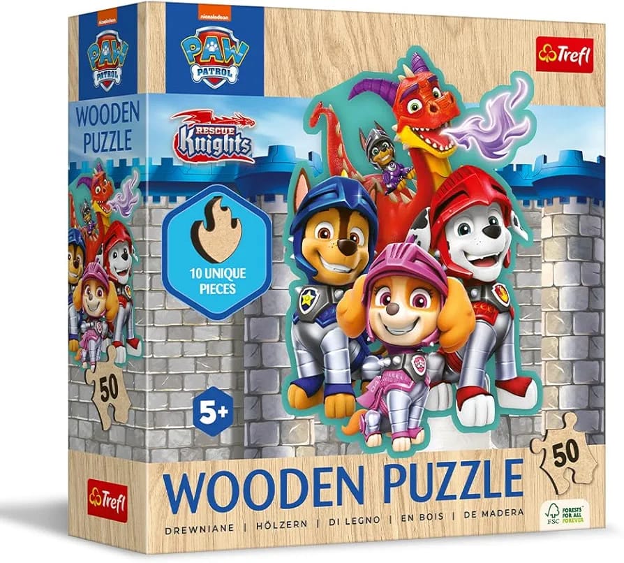 Trefl - Wooden Puzzle: Paw Patrol, The Adventures with Paw Patrol - 50 Pieces, Wooden Puzzle, Irregular Shapes, 10 Figures, for Children