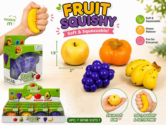 Fruit squishy fidget toy in banana, apple, grapes, persimmon designs