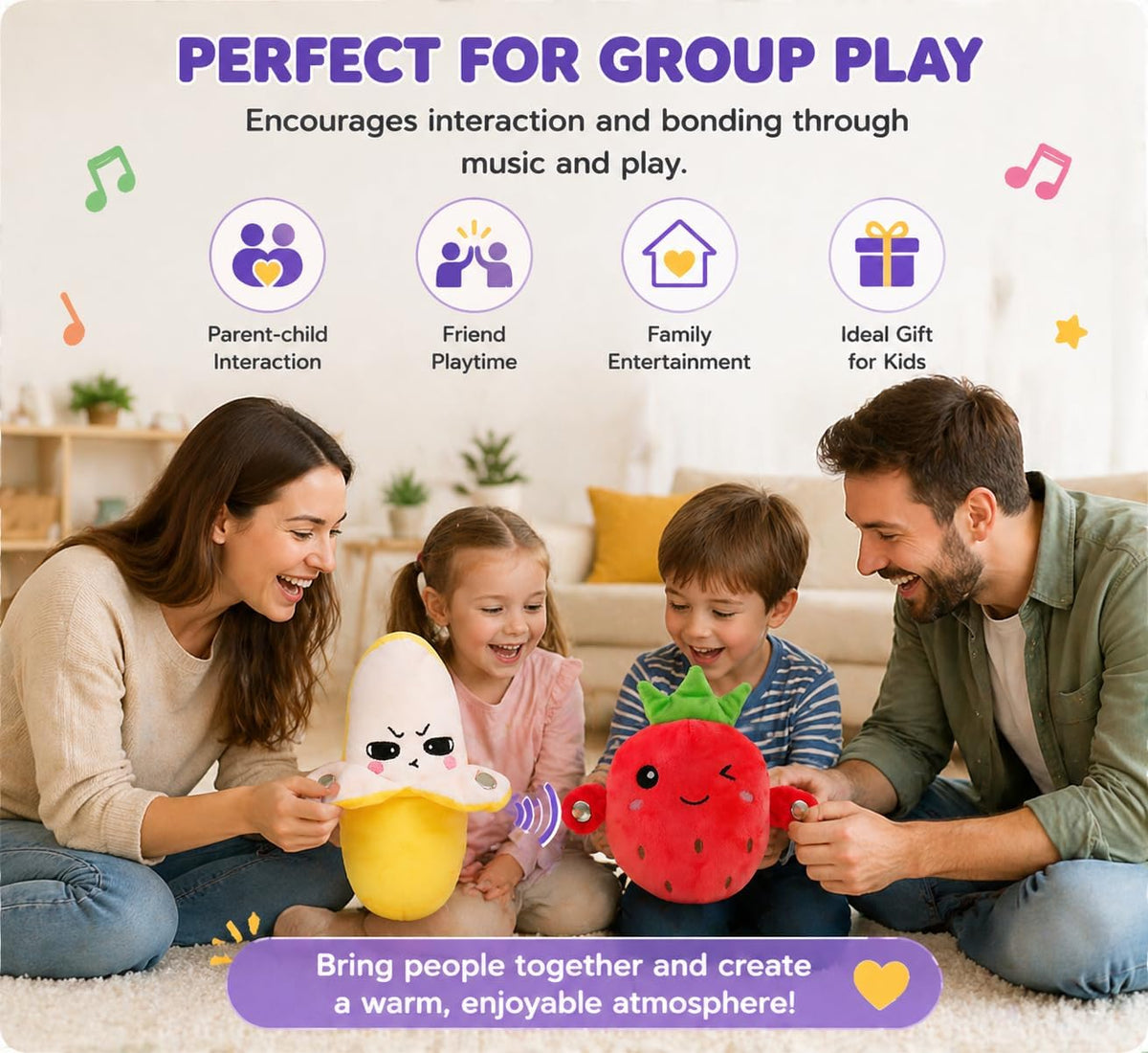Child playing with interactive musical fruit plush