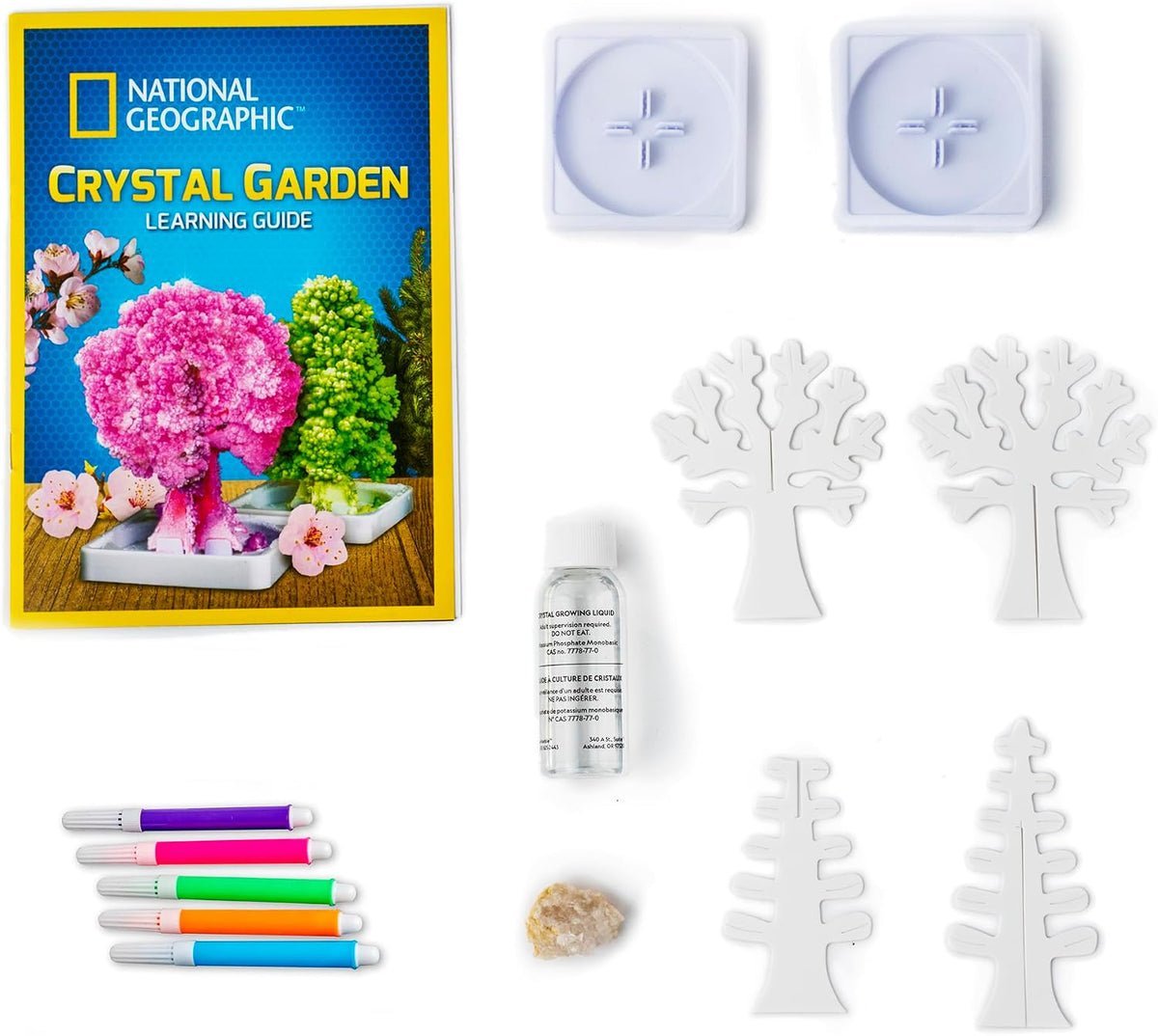 Crystal Garden kit contents with tree shapes and markers