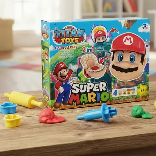 2-in-1 dentist and hairdressing modeling dough set featuring Super Mario with 4 colors, tools and molds