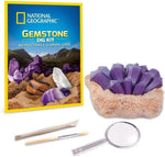 Gemstone dig kit contents: brick, gemstones, tools, magnifier