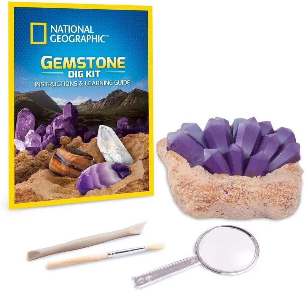 Gemstone dig kit contents: brick, gemstones, tools, magnifier