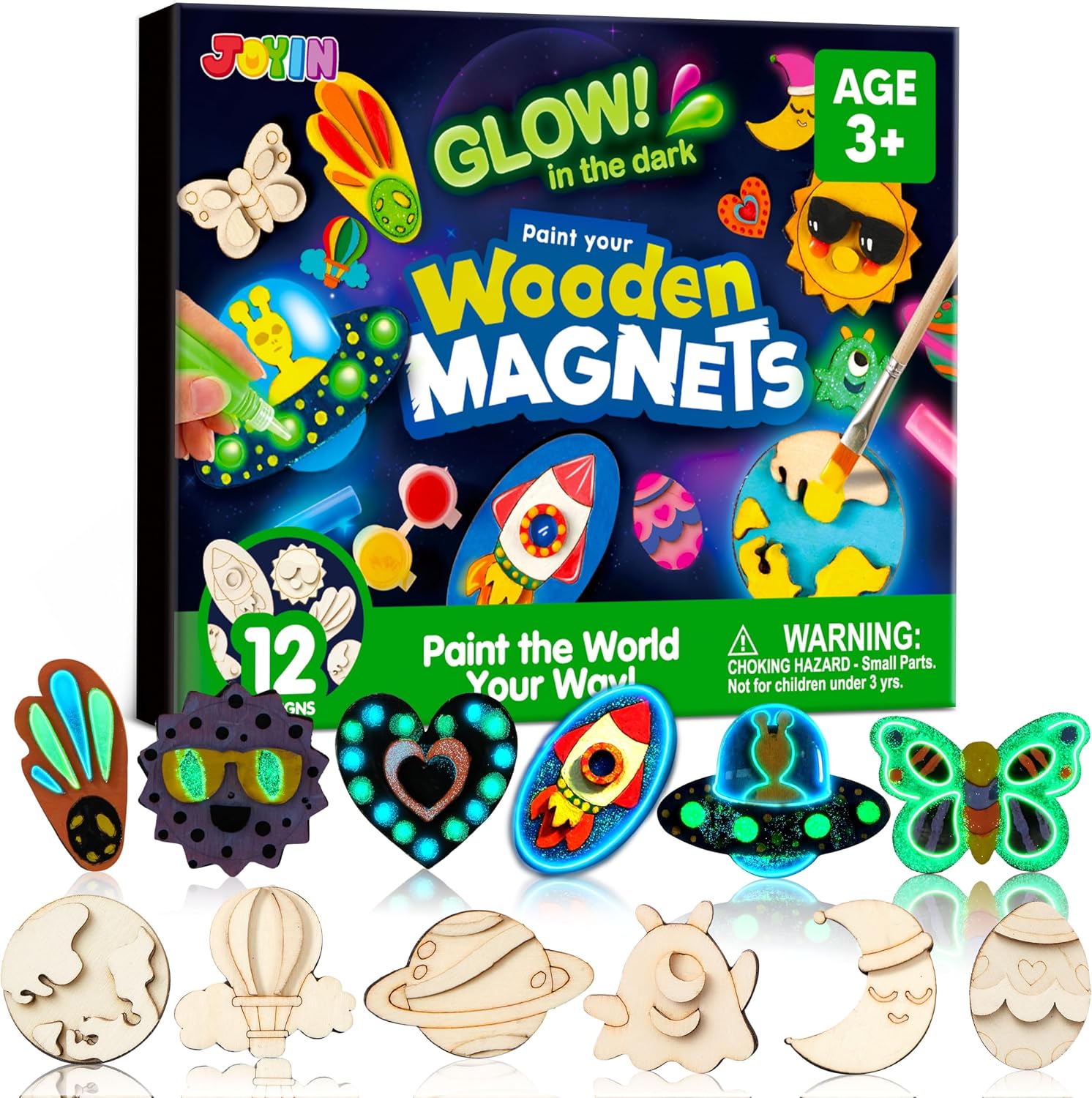JOYIN glow-in-the-dark wooden magnets paint kit - 12 designs