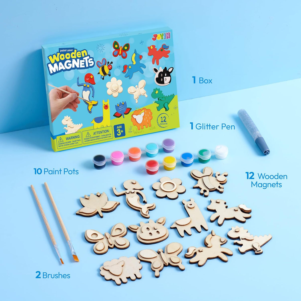 12 wooden magnets with animal and shape designs