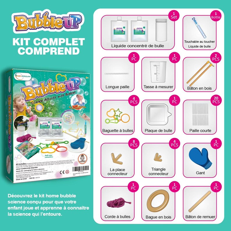 Bubble Up kit with bubble-making tools and contents