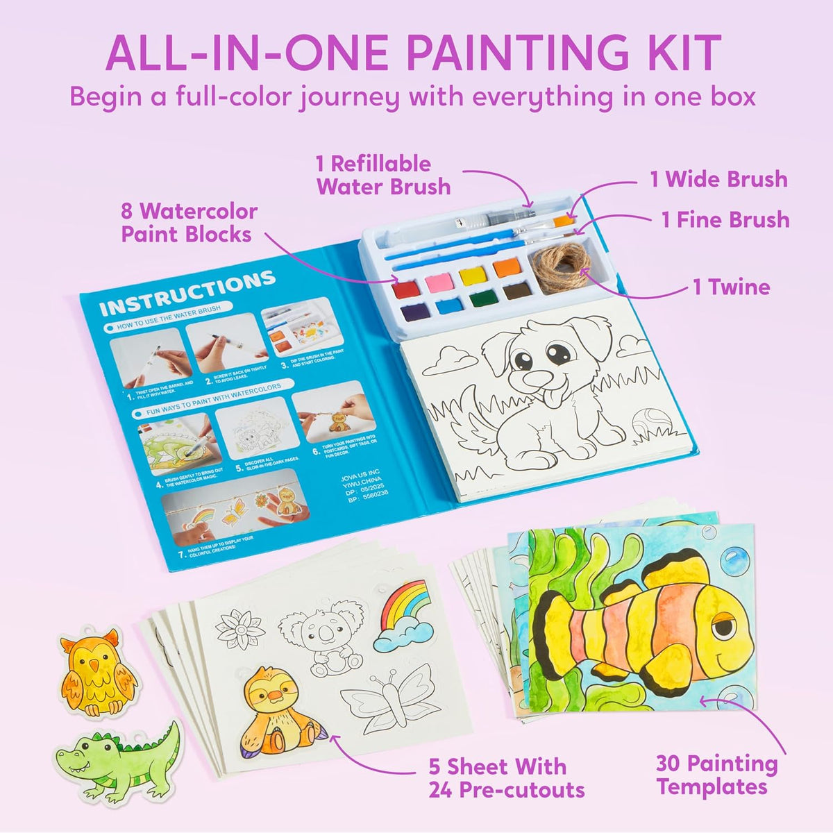 Watercolor paint blocks and pre-cutouts included in the set