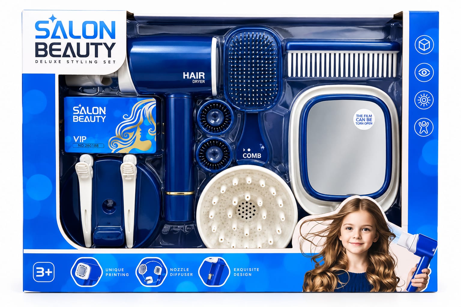 7-piece kids hair styling set with toy hair dryer and accessories