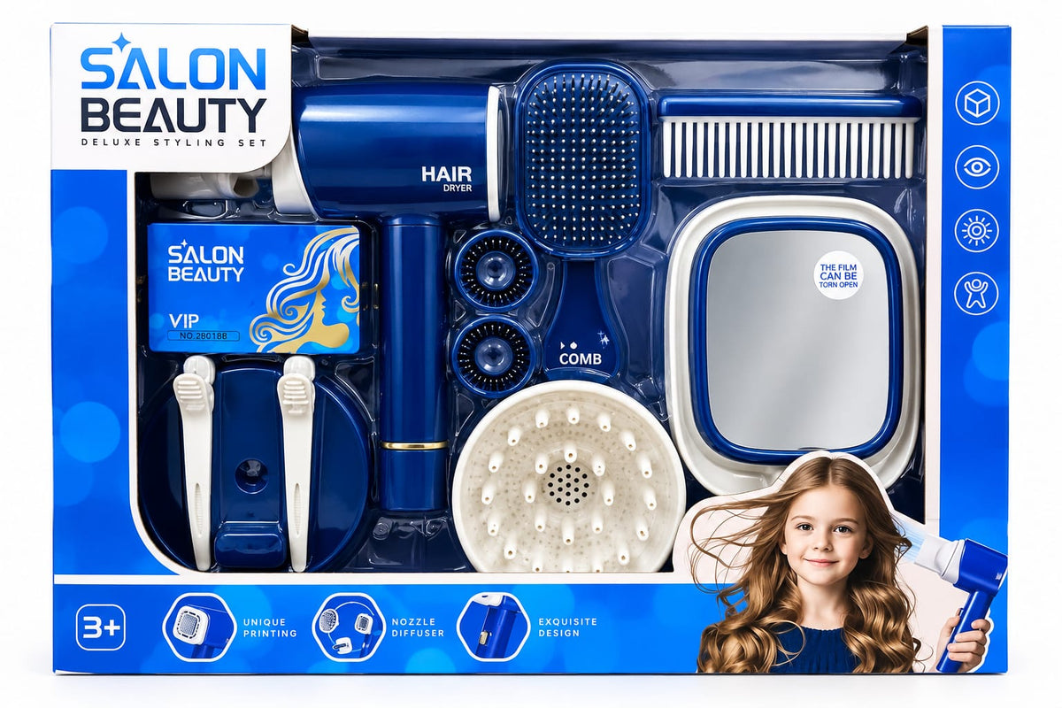 7-piece kids hair styling set with toy hair dryer and accessories