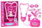 Toy doctor tools including a stethoscope, syringe, thermometer and glasses