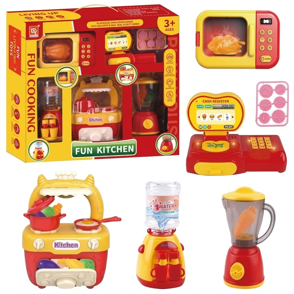Fun Kitchen playset with kitchen unit, microwave, blender, water dispenser and cash register