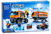 Arctic exploration building set with truck, mobile laboratory and all-terrain vehicle