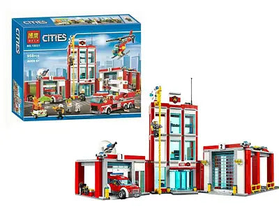 Fire station building blocks set with fire vehicles and accessories