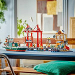 Building set with cargo ship, containers and working crane