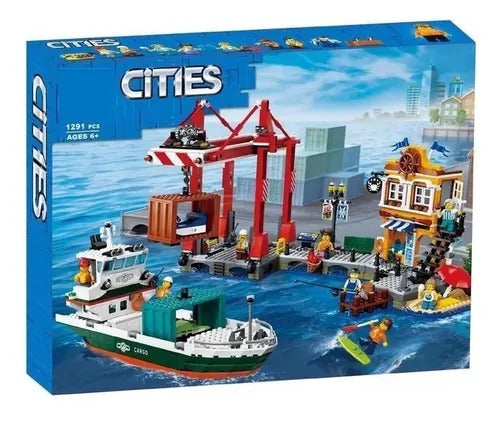 Harbor building-block set with cargo ship and container crane
