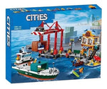 Harbor building-block set with cargo ship and container crane