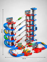 Parking garage track set with 151 pieces and manual elevator