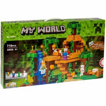 Treehouse-style building block set with trees, platforms, and a waterfall