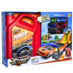Gravity race track set with six die-cast cars