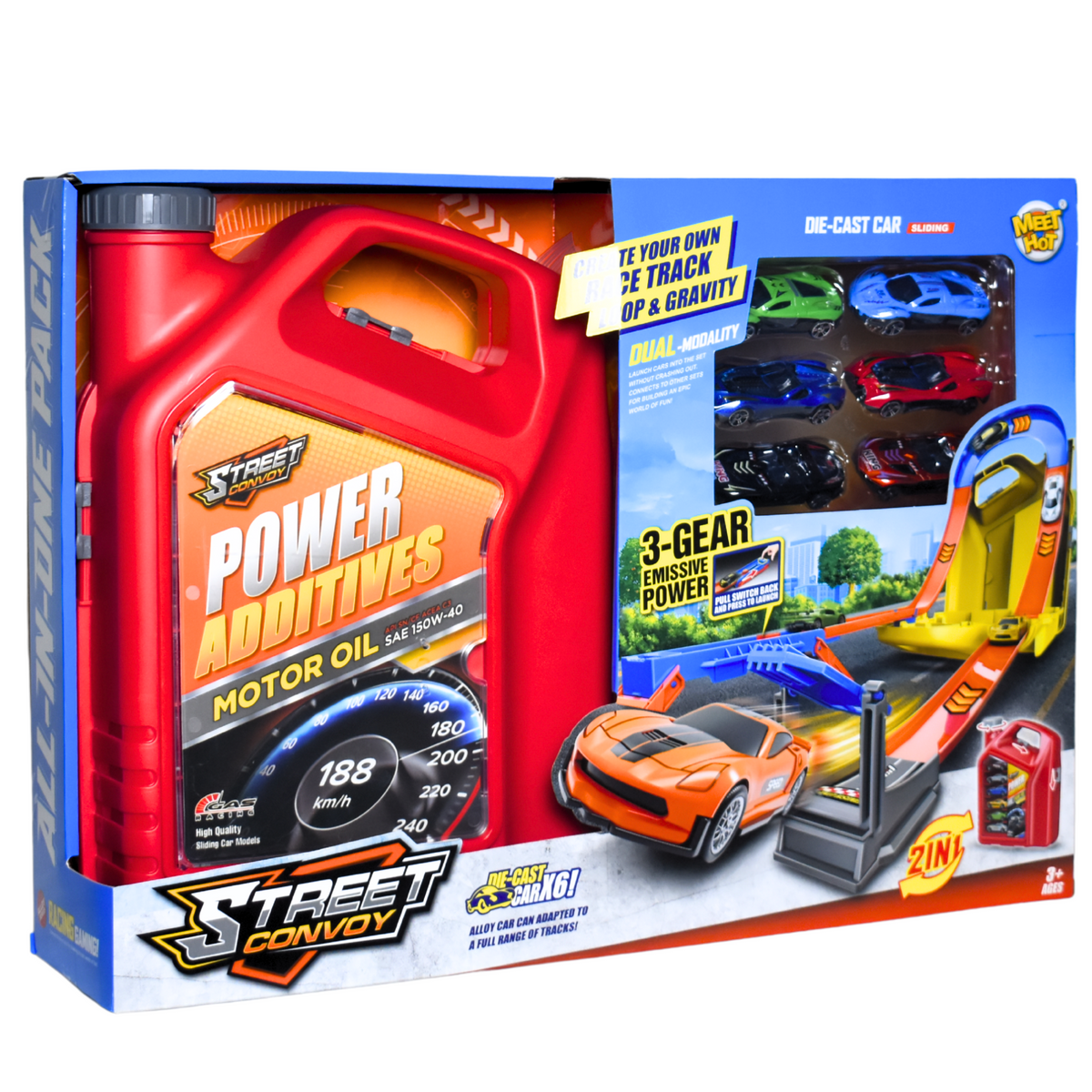 Gravity race track set with six die-cast cars