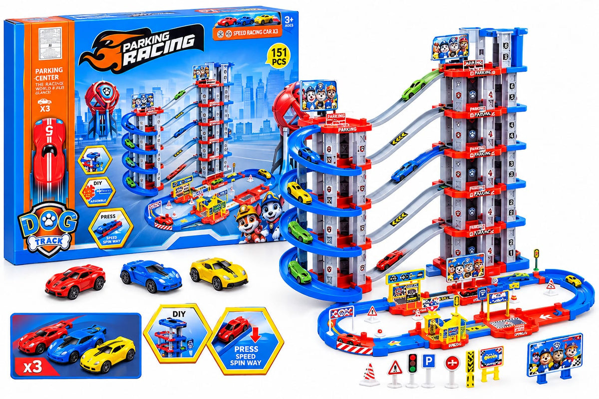 PAW Patrol six-floor parking garage track set with three cars