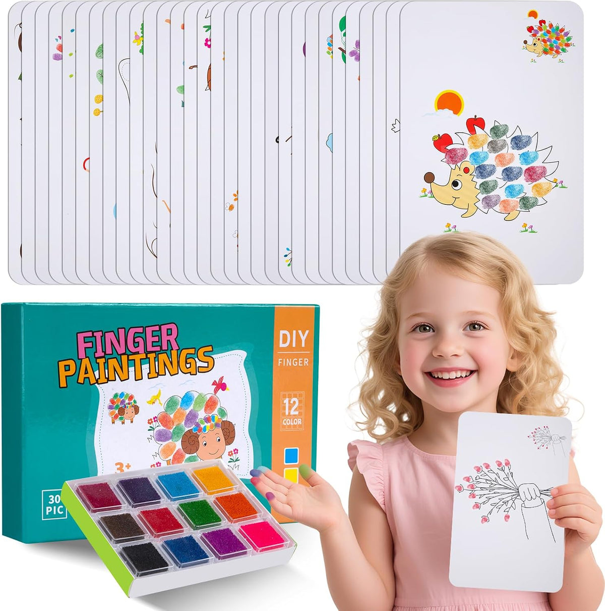 Finger painting and coloring set with 12 colors and 30 cards
