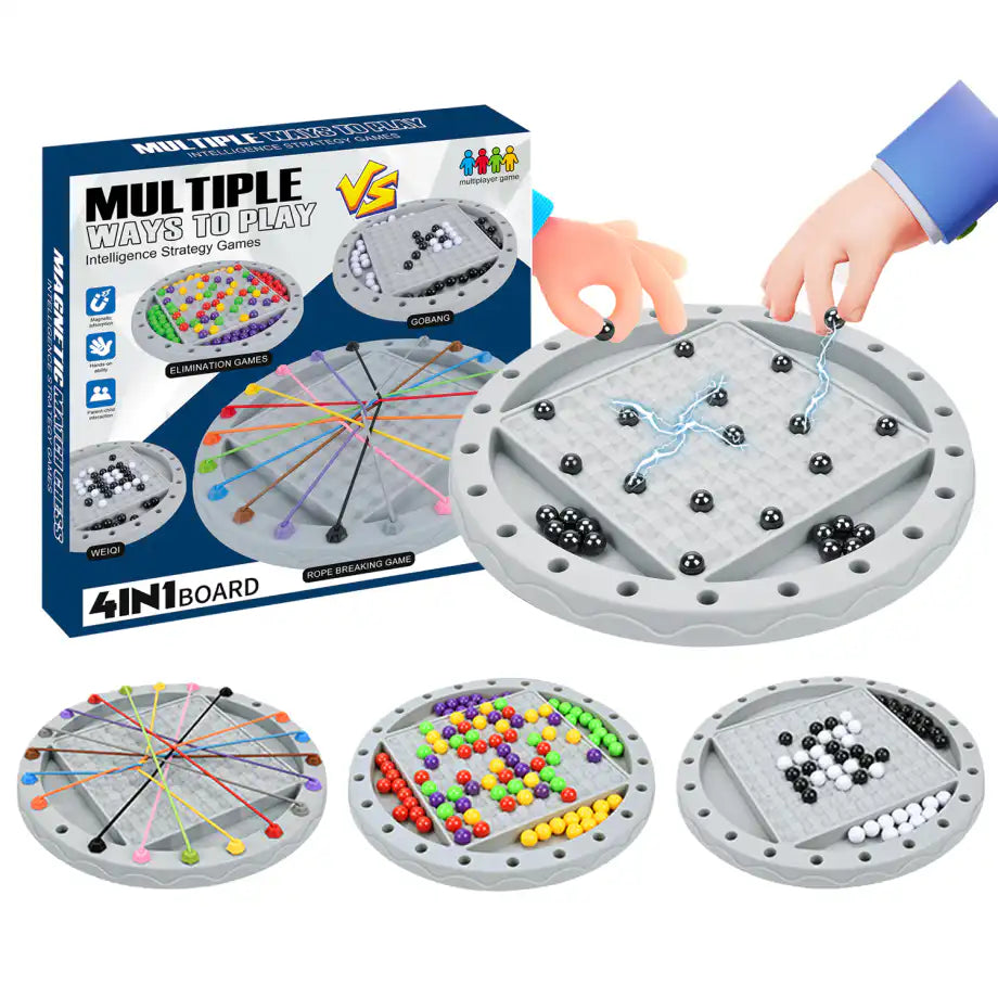 Four-in-one magnetic board game with game pieces