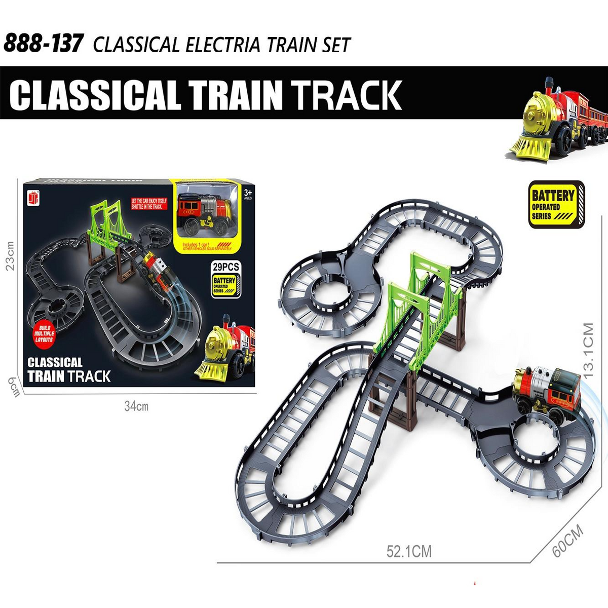 Battery-Operated Train Track Set, 29 Pieces, Model 888-137
