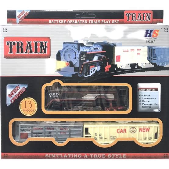 13-piece battery-operated train track set with locomotive and two cars