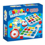 Shape Matching board game with challenge cards, geometric pieces, and bell