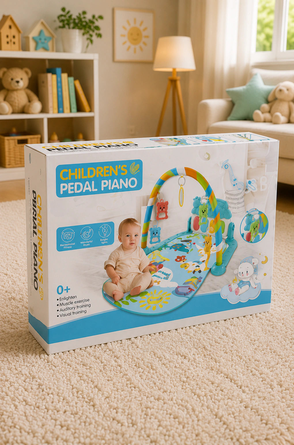 Infant activity gym play mat with overhead arch, hanging toys and piano