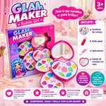 Makeup set contents including colored eyeshadows, lip gloss, and applicators