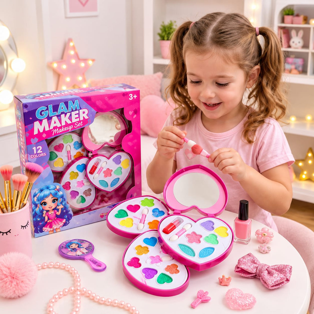 12-Color Kids Makeup Set with Heart-Shaped Mirror